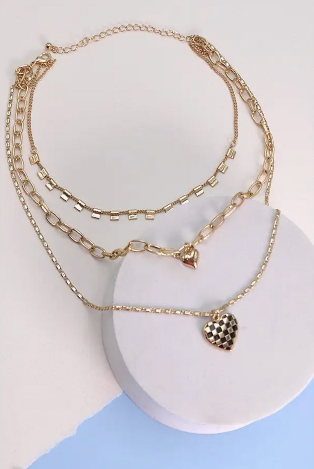 Layered Checker Heart Necklace- GOLD
