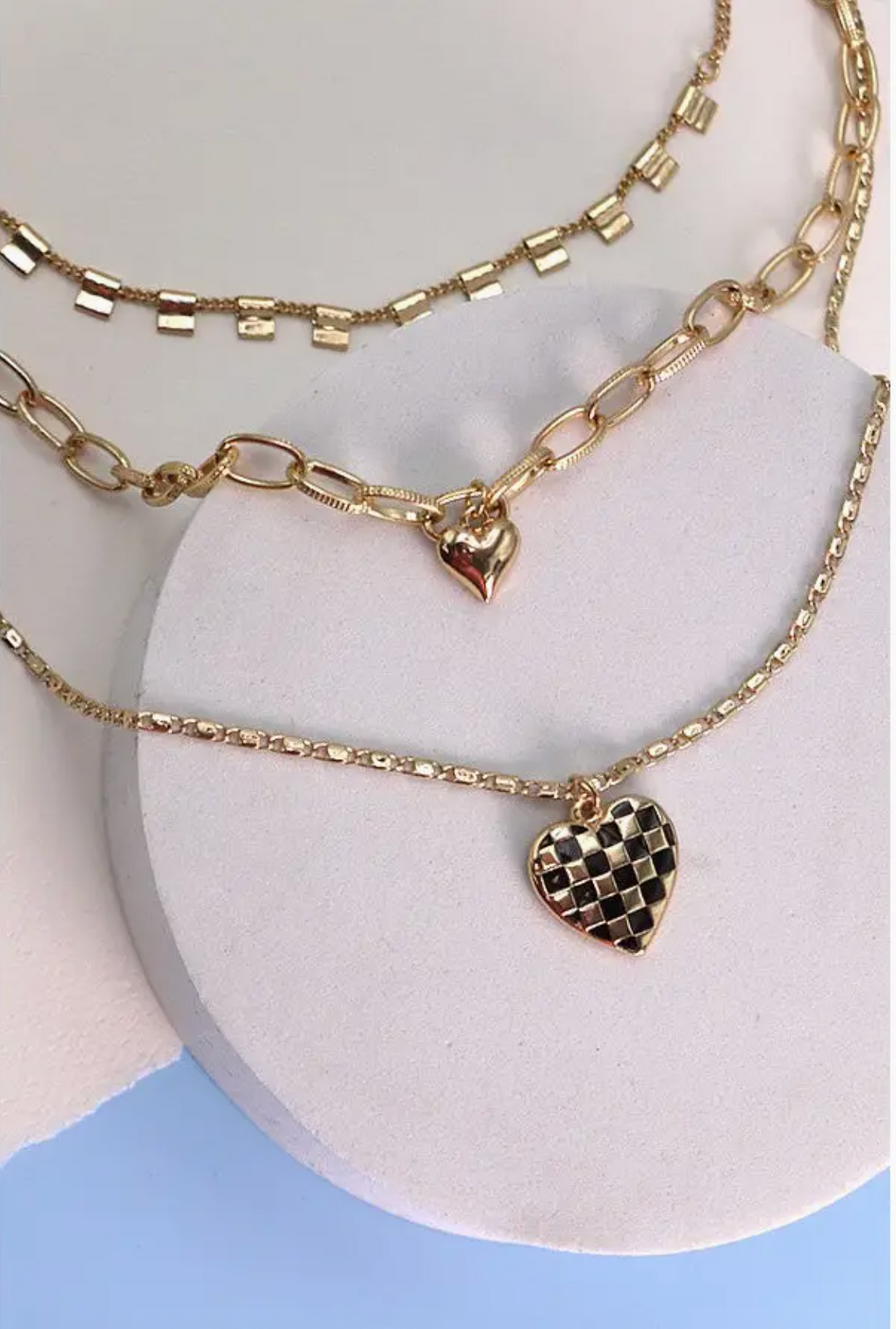 Layered Checker Heart Necklace- GOLD