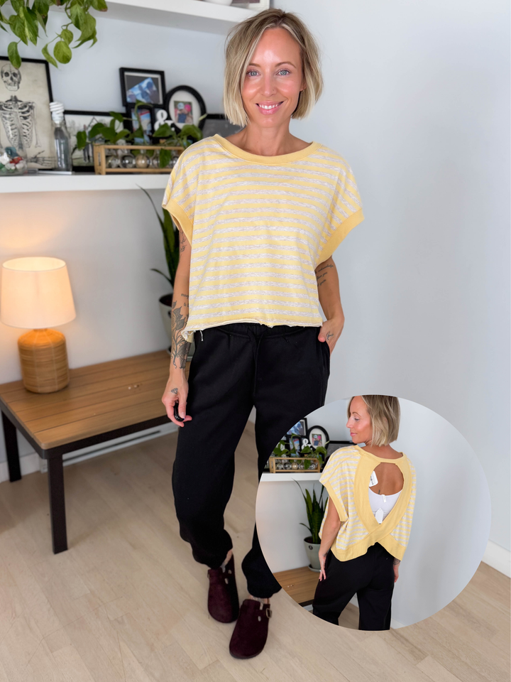 Melissa Striped Terry Open Back Top- YELLOW/HEATHER OATMEAL