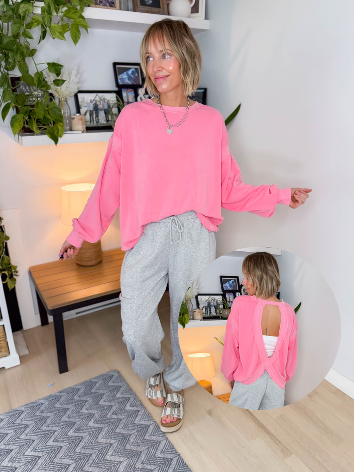 Stella Open Back Pullover- TAFFY PINK