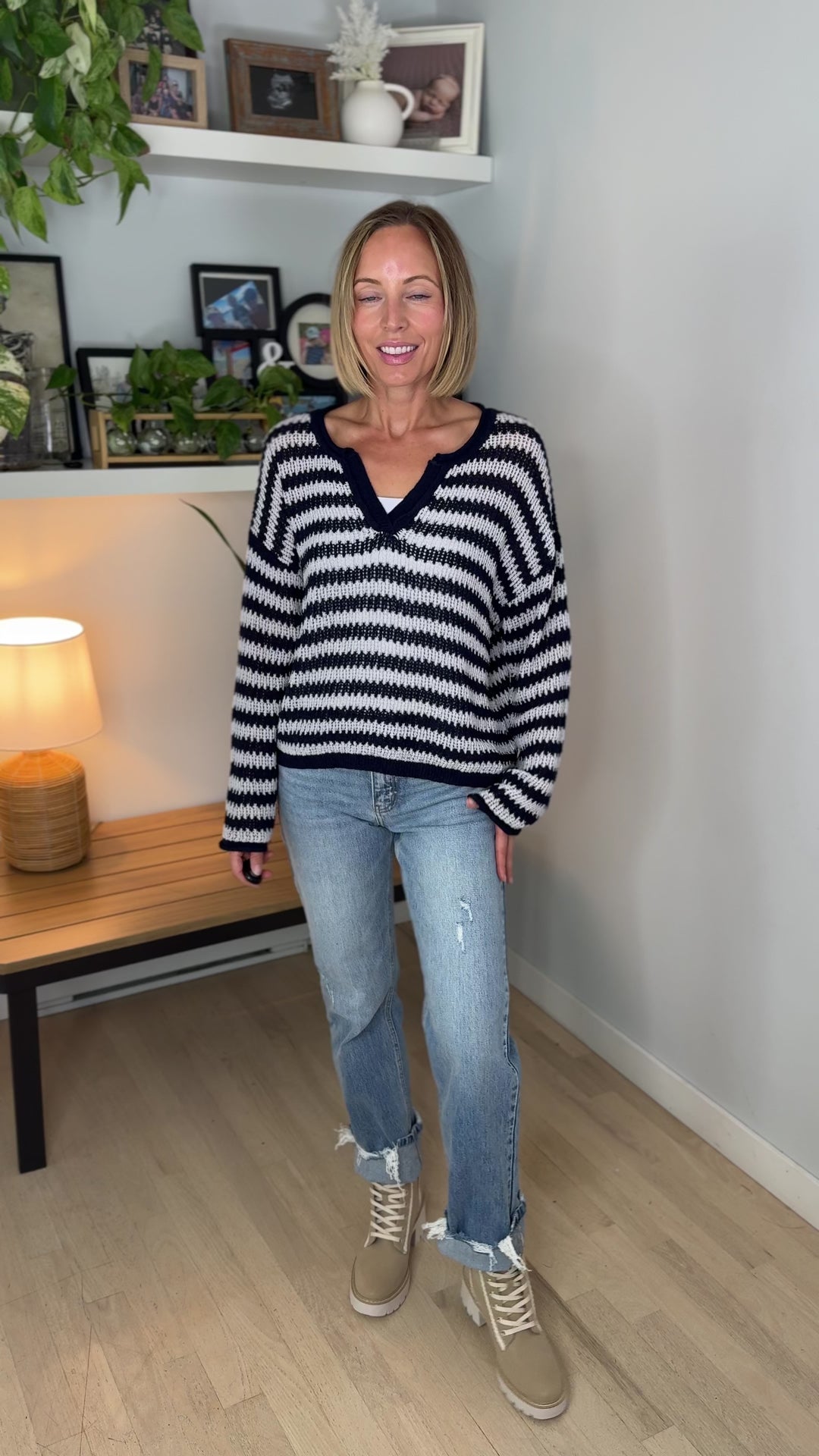 Auburn Stripe Raw Edge Sweater- NAVY