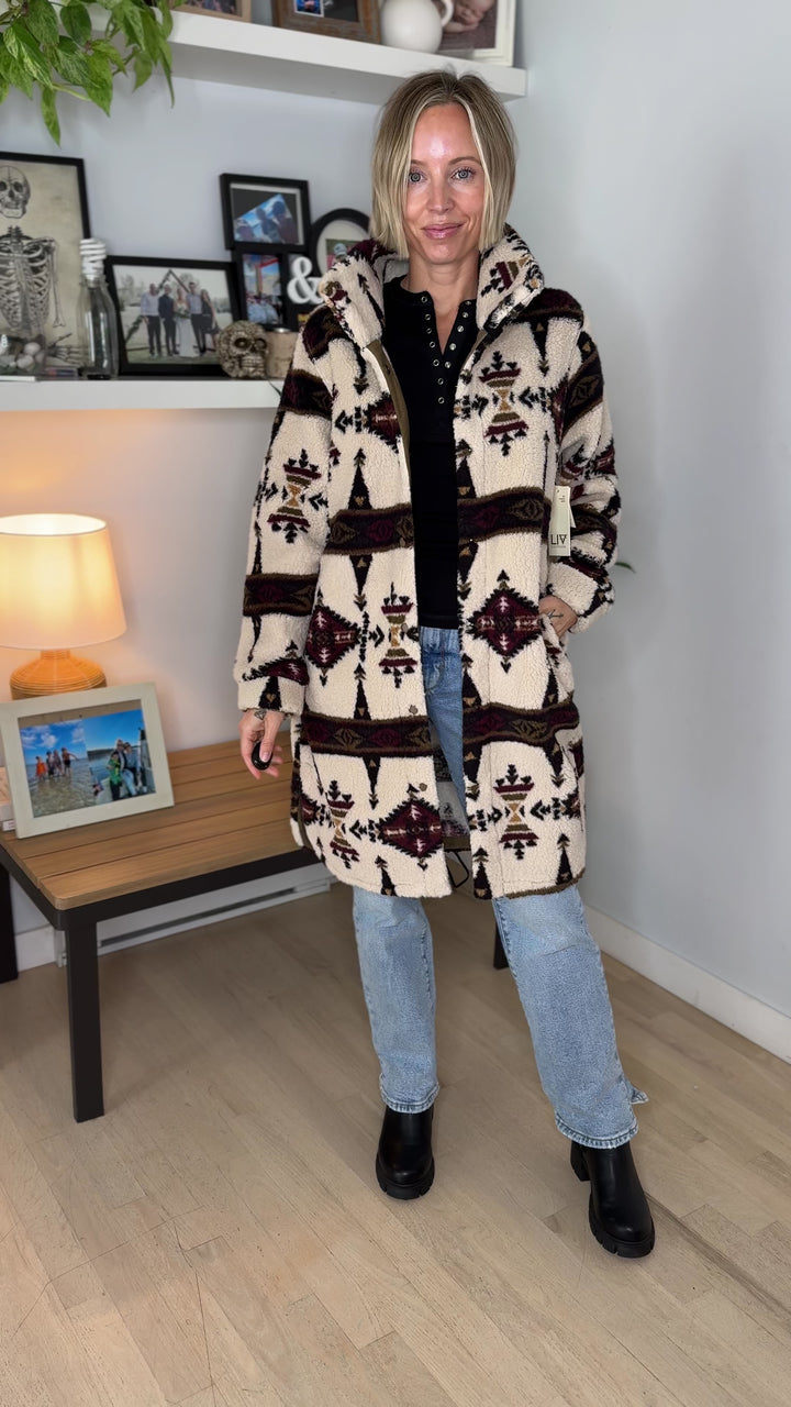 Ainsley Longline Sherpa Jacket- SEPIA