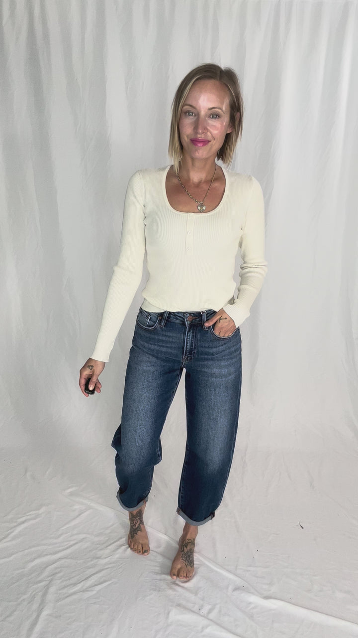 RISEN Amber High Rise Slim Barrel Jean- DARK
