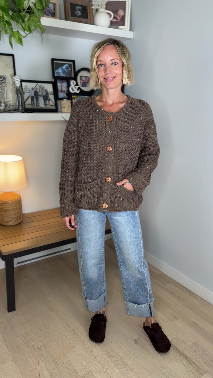 Brinks Marled Button Raw Edge Cardigan- DEEP TAUPE