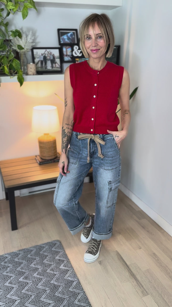 Lush Knit Button Down Short Sleeve- RED