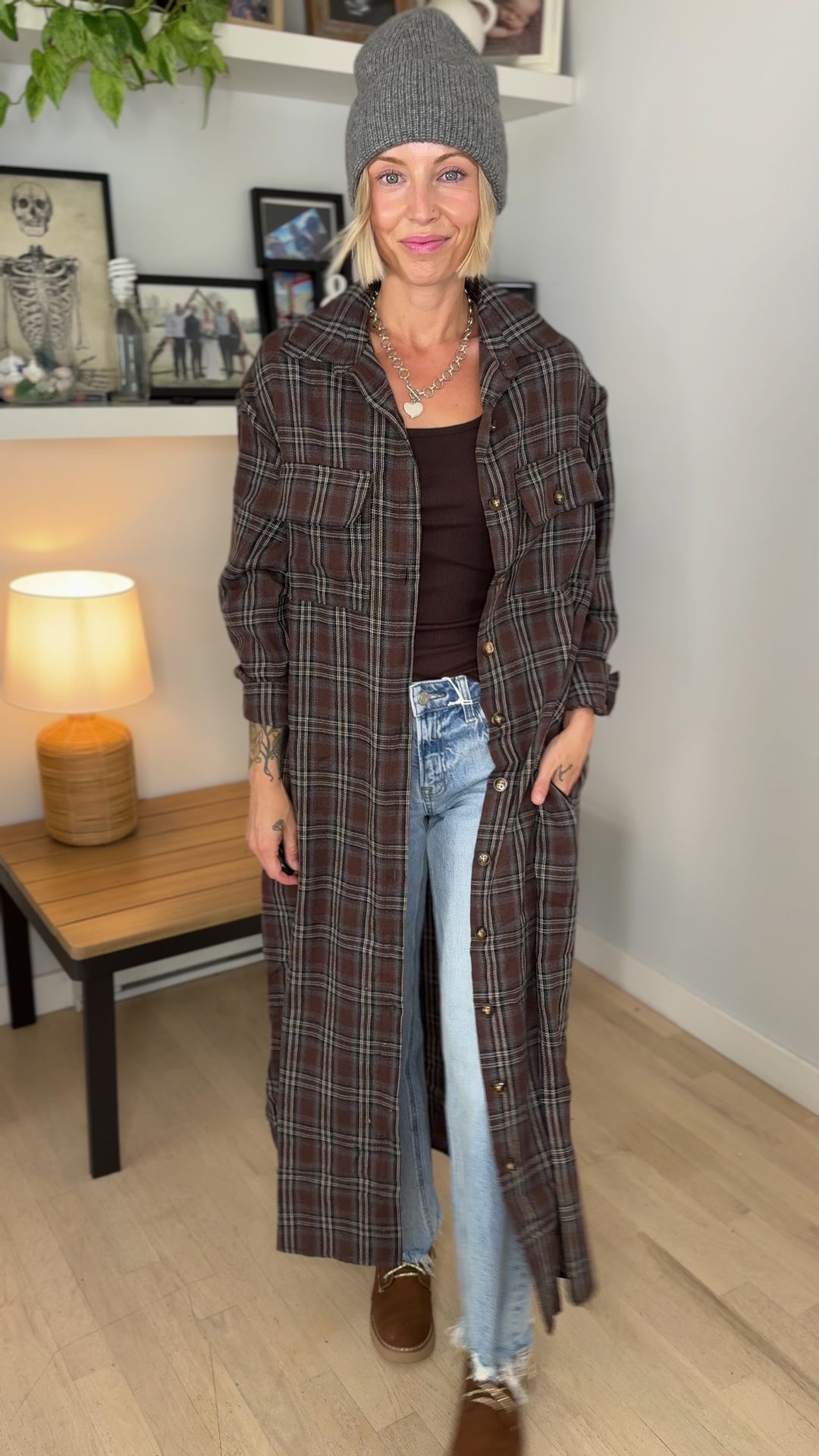 Jovie Plaid Duster- BROWN CREAM & BLUE PLAID