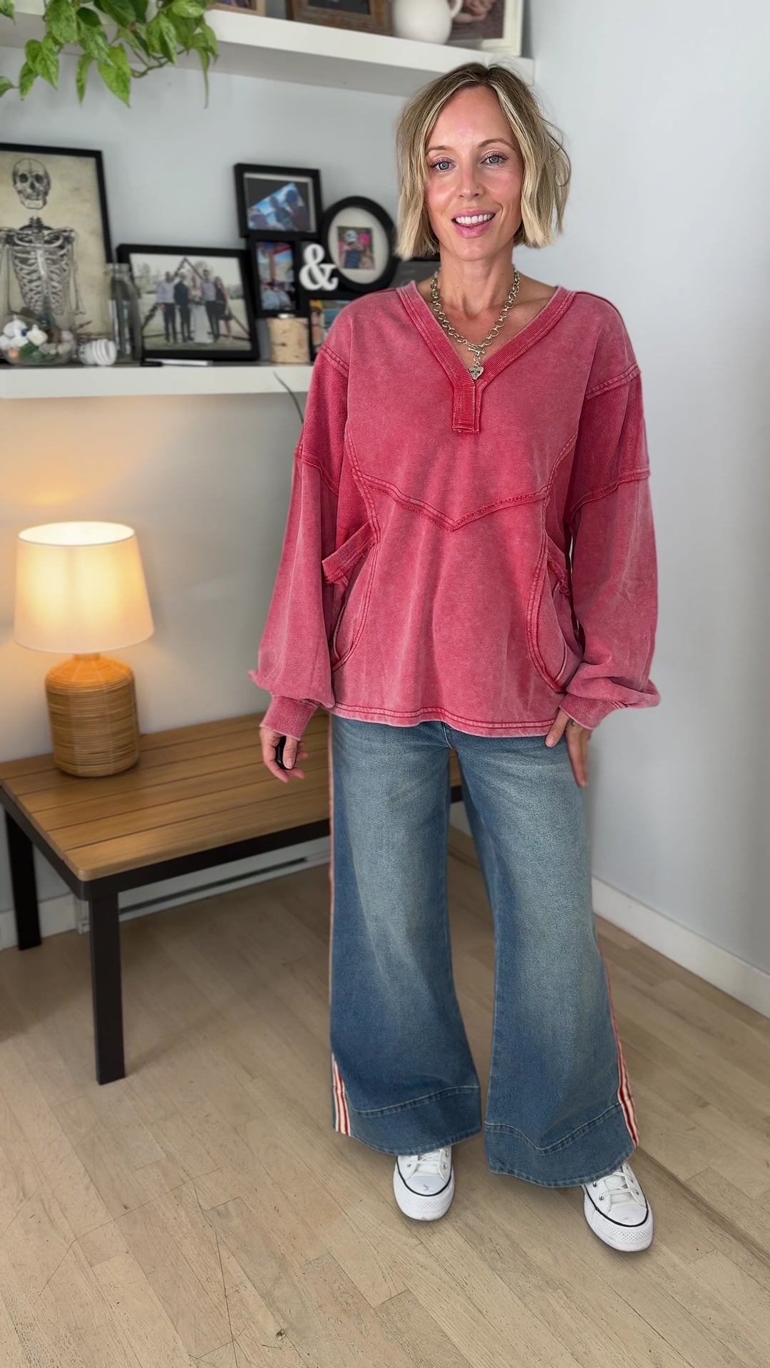October Washed V-neck Pullover- BOHO RED