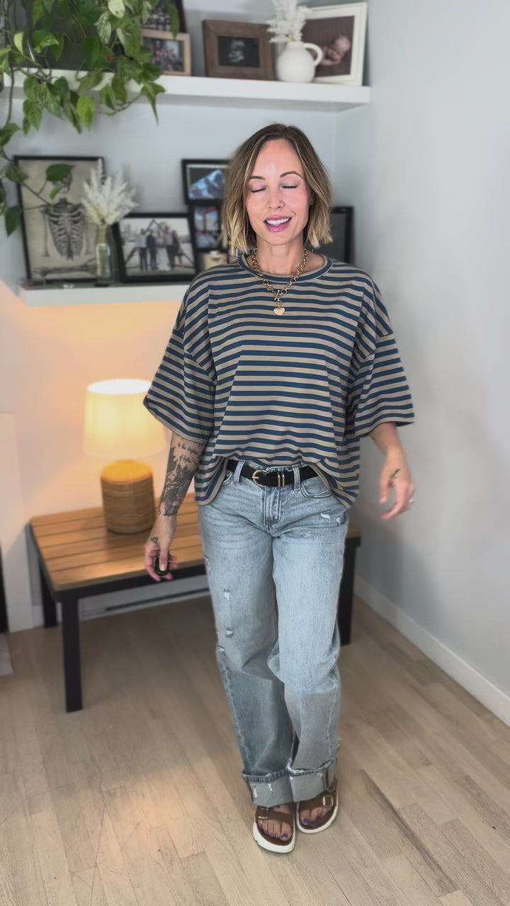 Islaire Oversized Stripe Boyfriend Tee- NAVY/TAN