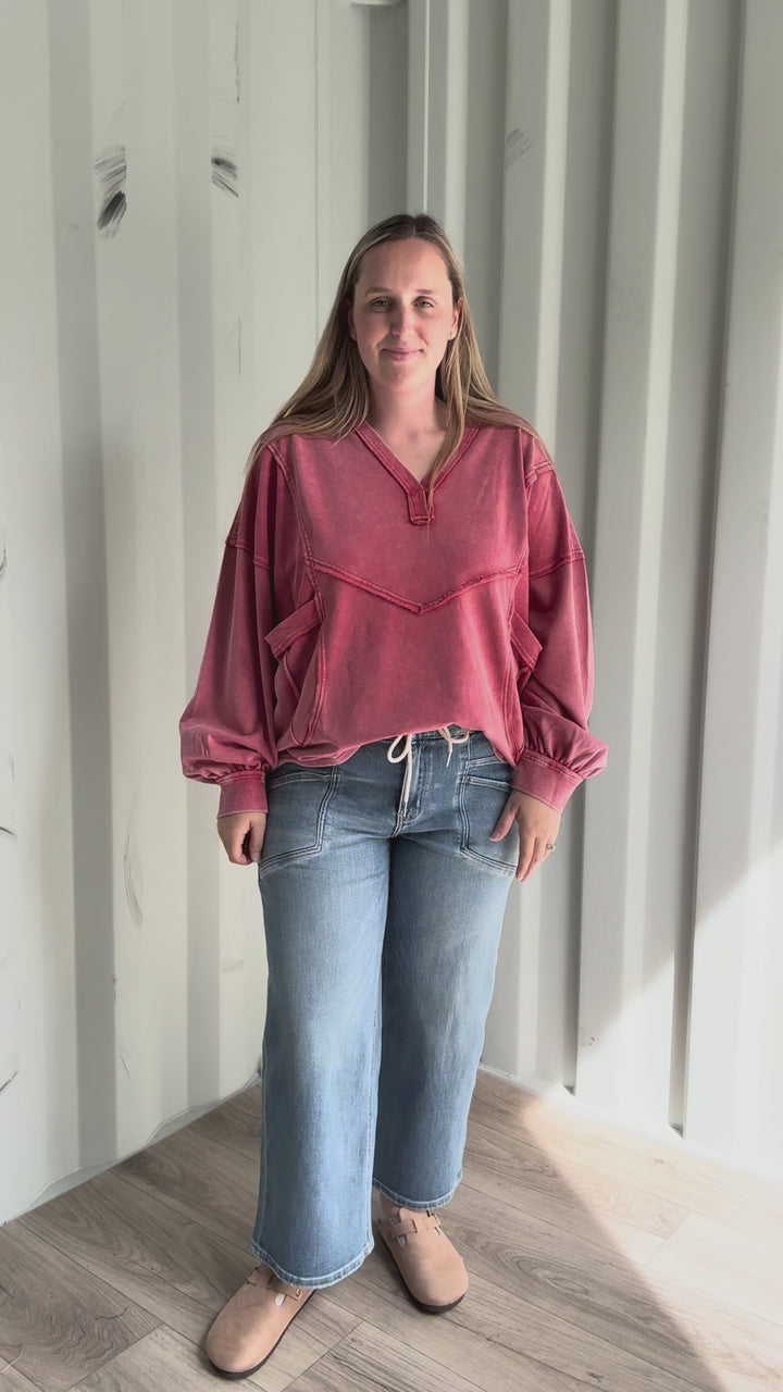 October Washed V-neck Pullover- BOHO RED