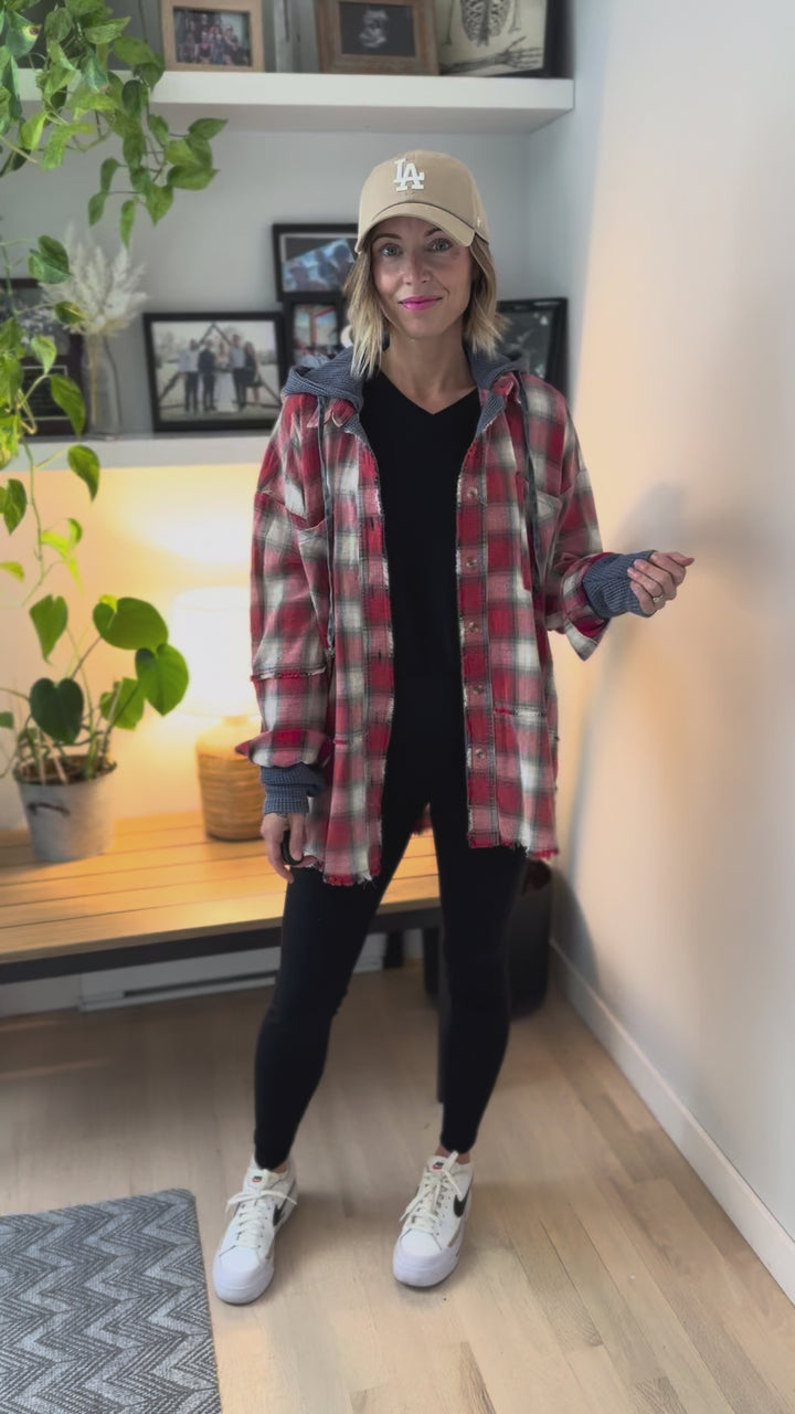 Erin Hooded Plaid Button Down Jacket- NAVY RED