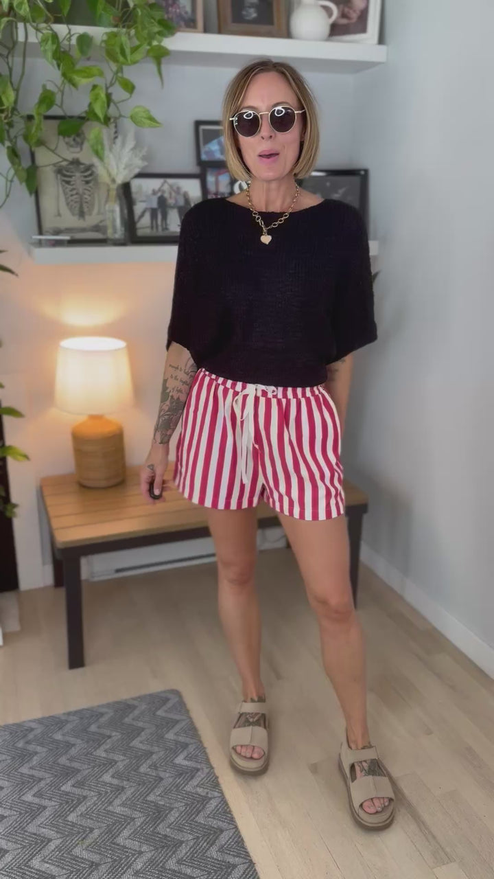 Maria Stripe Twill Denim Shorts- RED