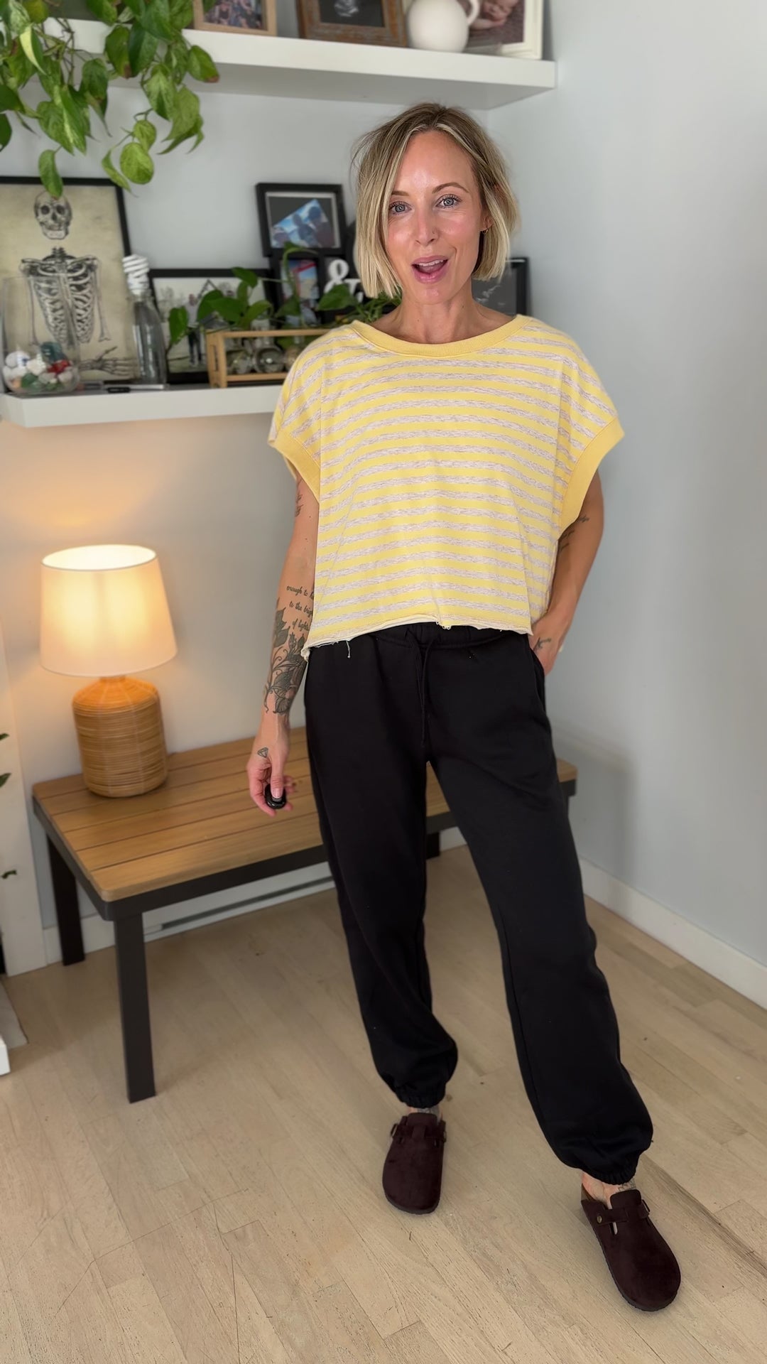 Melissa Striped Terry Open Back Top- YELLOW/HEATHER OATMEAL
