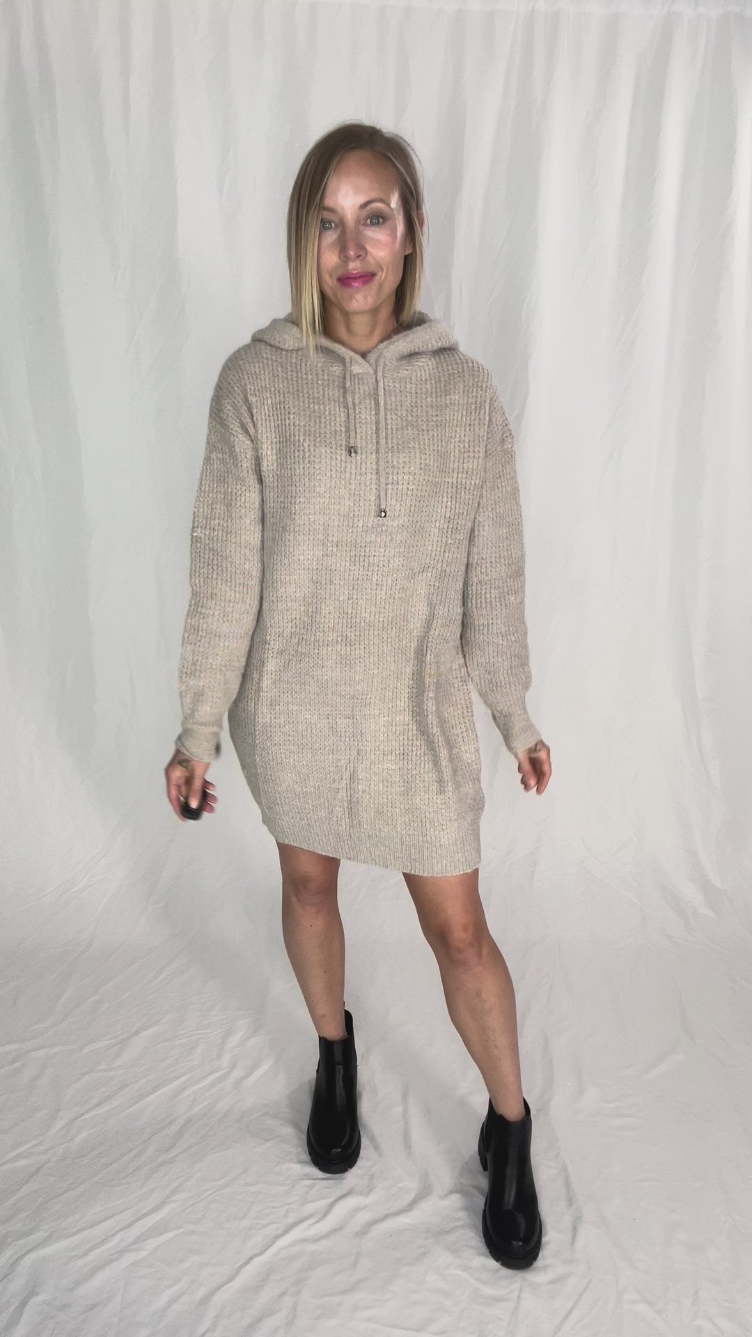 Maze Waffle Hooded Tunic Sweater- OATMEAL