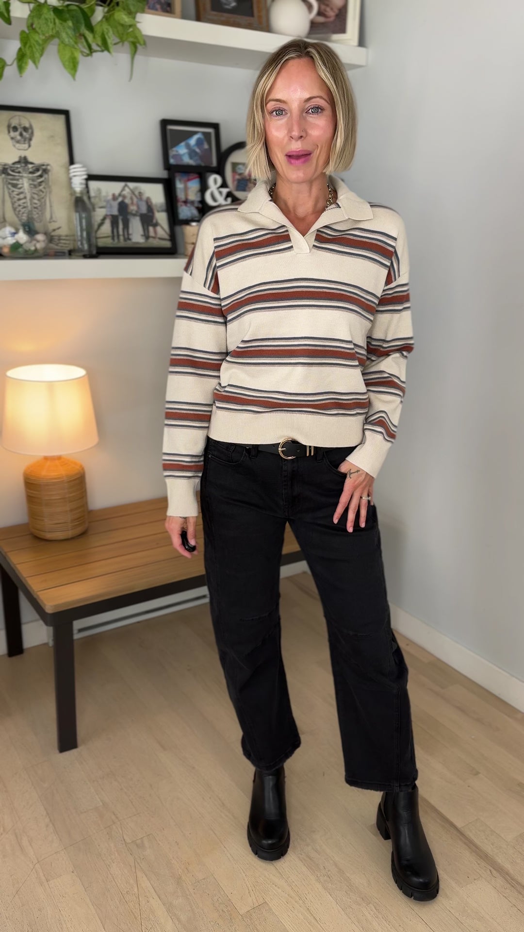 Viola Polo Henley Sweater- TEAL/RUST STRIPE