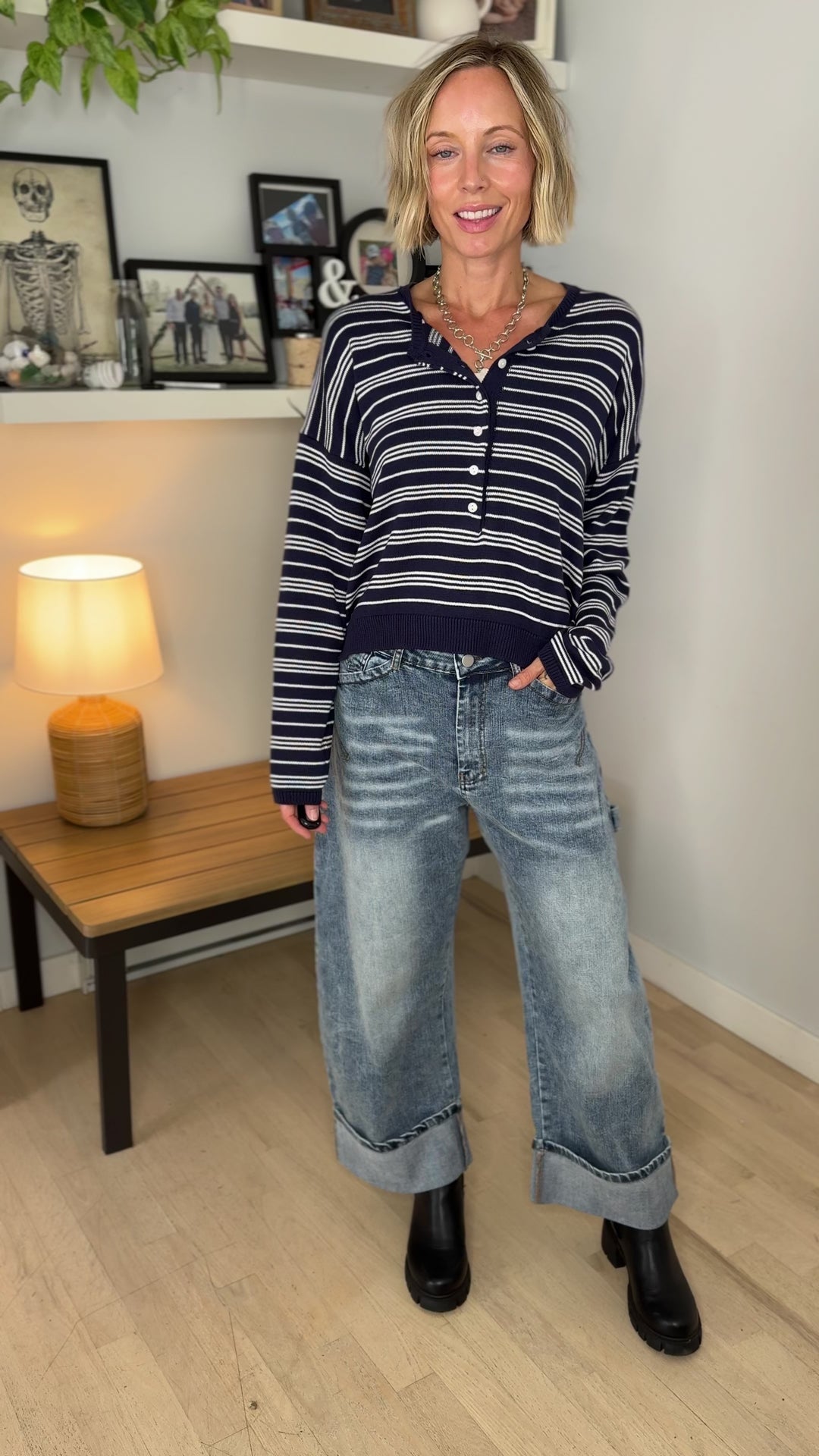 Merrit Stripe Cardigan- NAVY