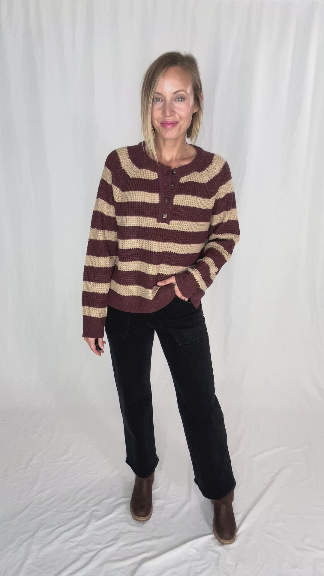 Golden Hour Waffle Henley Sweater- WINE