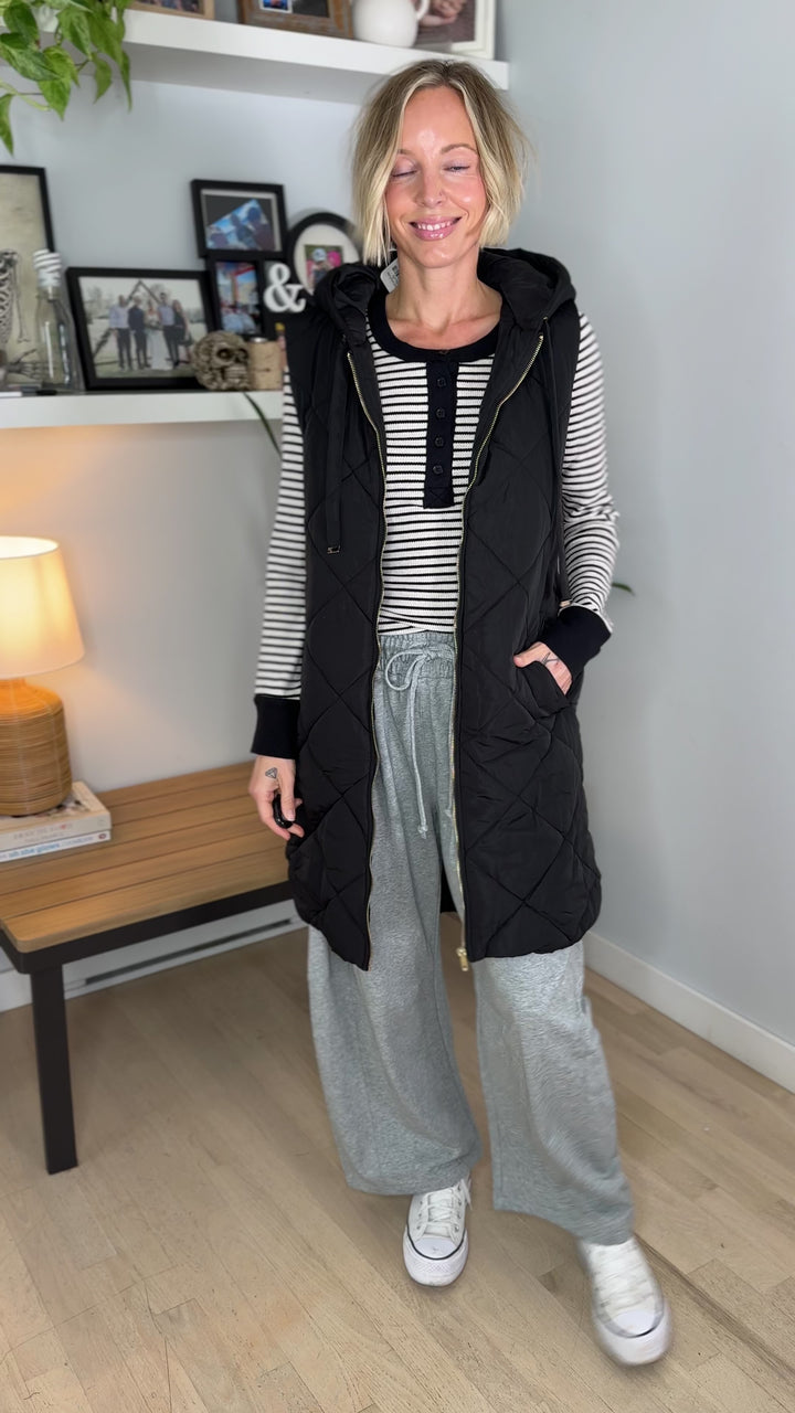 Gloria Quilted Long Puffer Hooded Vest- BLACK