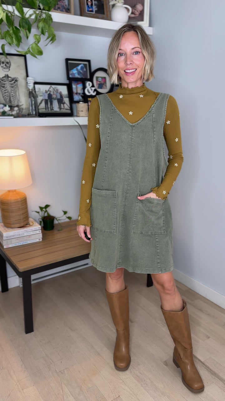 Duselle Stretch Denim Overall Mini Dress- ASH GREEN