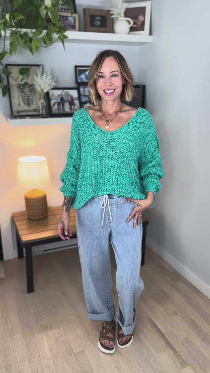 Cormella V-Neck Oversized Cable Knit Sweater- JADE