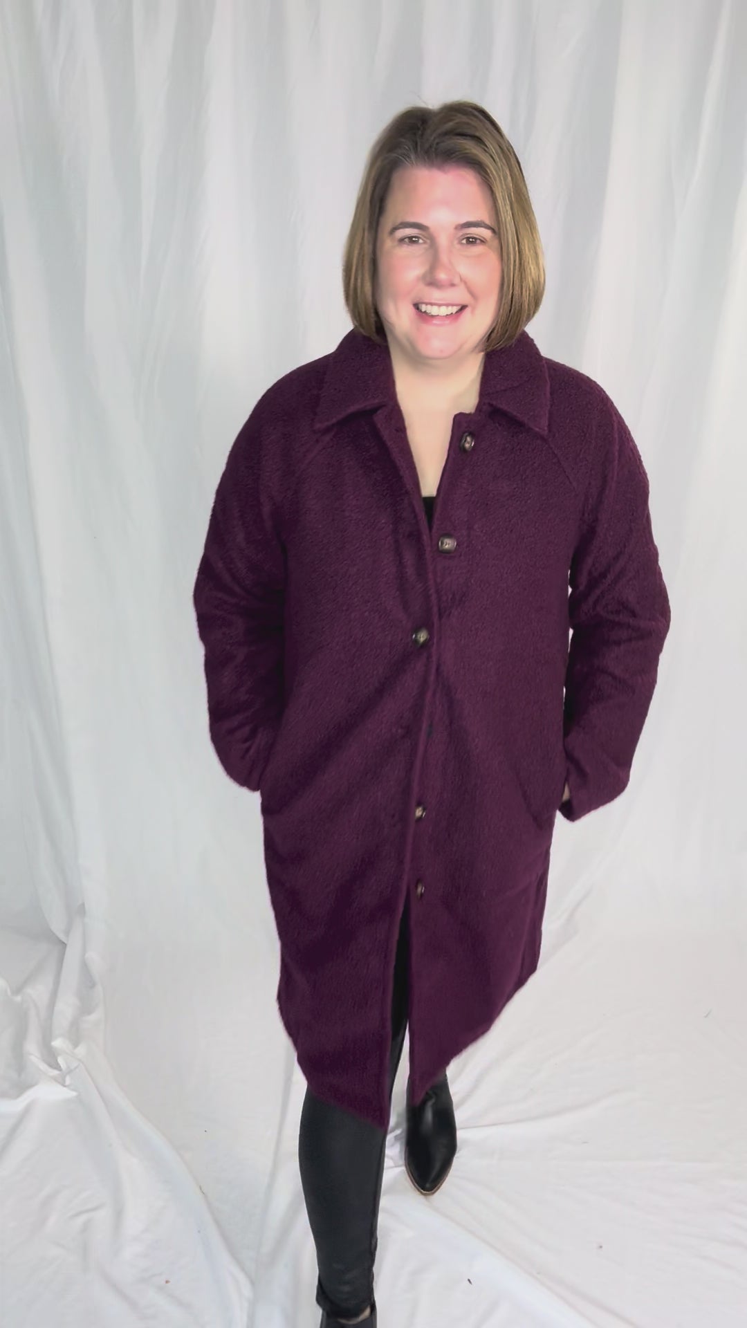 Frosty Boucle Long Button Coat- PLUM