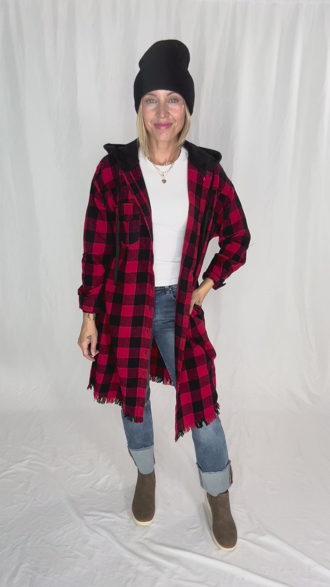 Falling Leaves Plaid Hoodie Jacket- RED