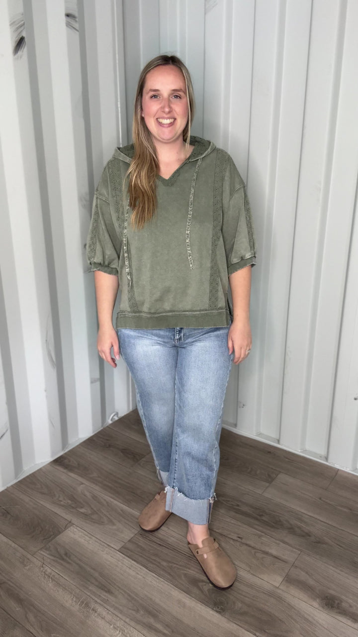 Mapleton Lace Eyelet 1/2 Sleeve Pullover- OLIVE