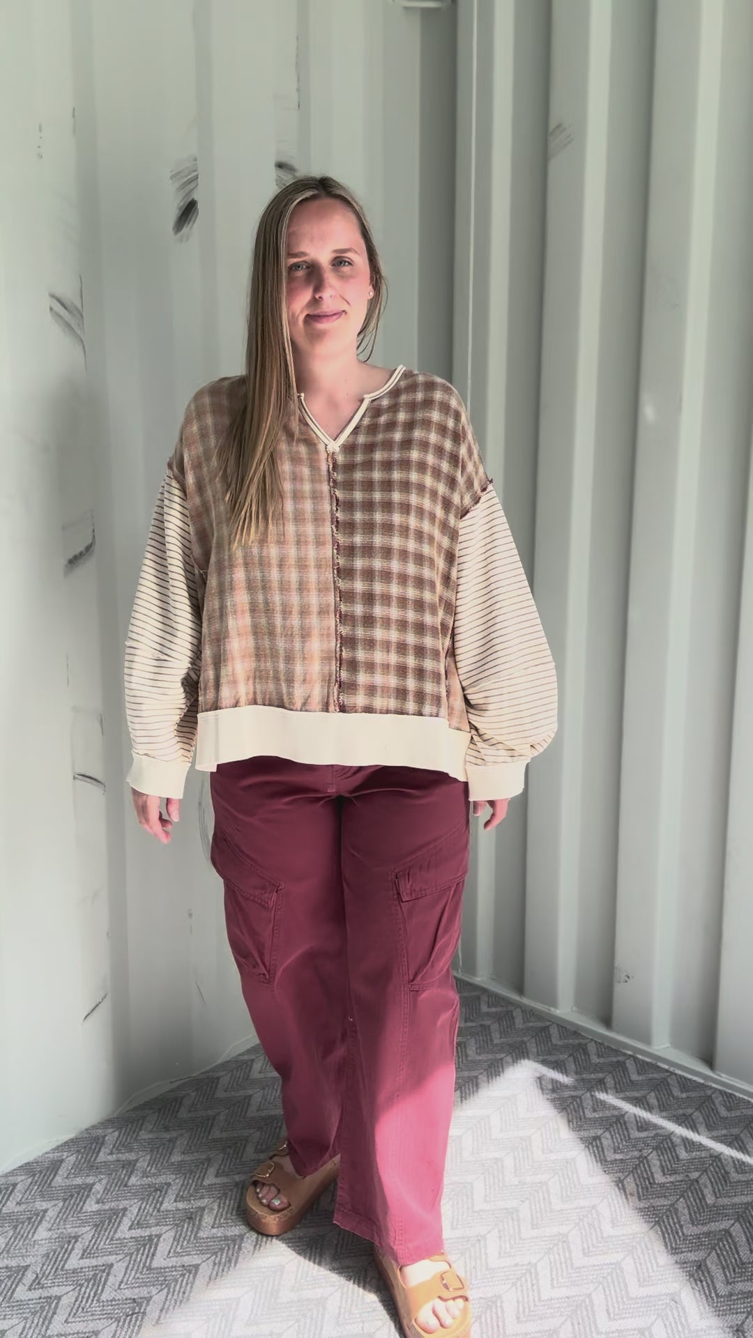 Sorrenta Oversized Plaid Mix Pullover- LATTE