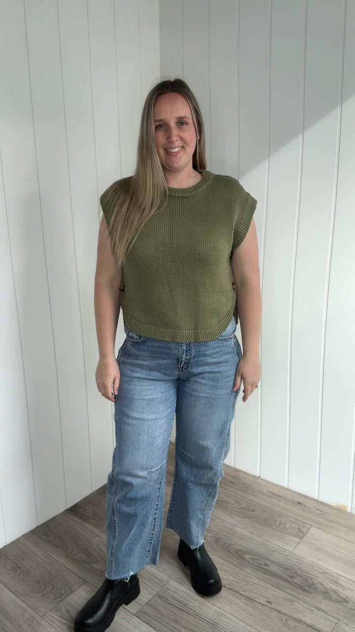 Athena Side Button Sweater Top- OLIVE