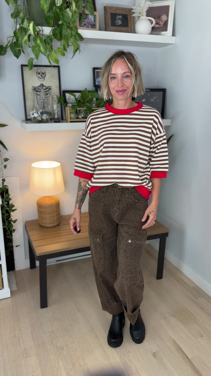 Bramble Colour Block Stripe Short Sleeve Pullover- BROWN MULTI