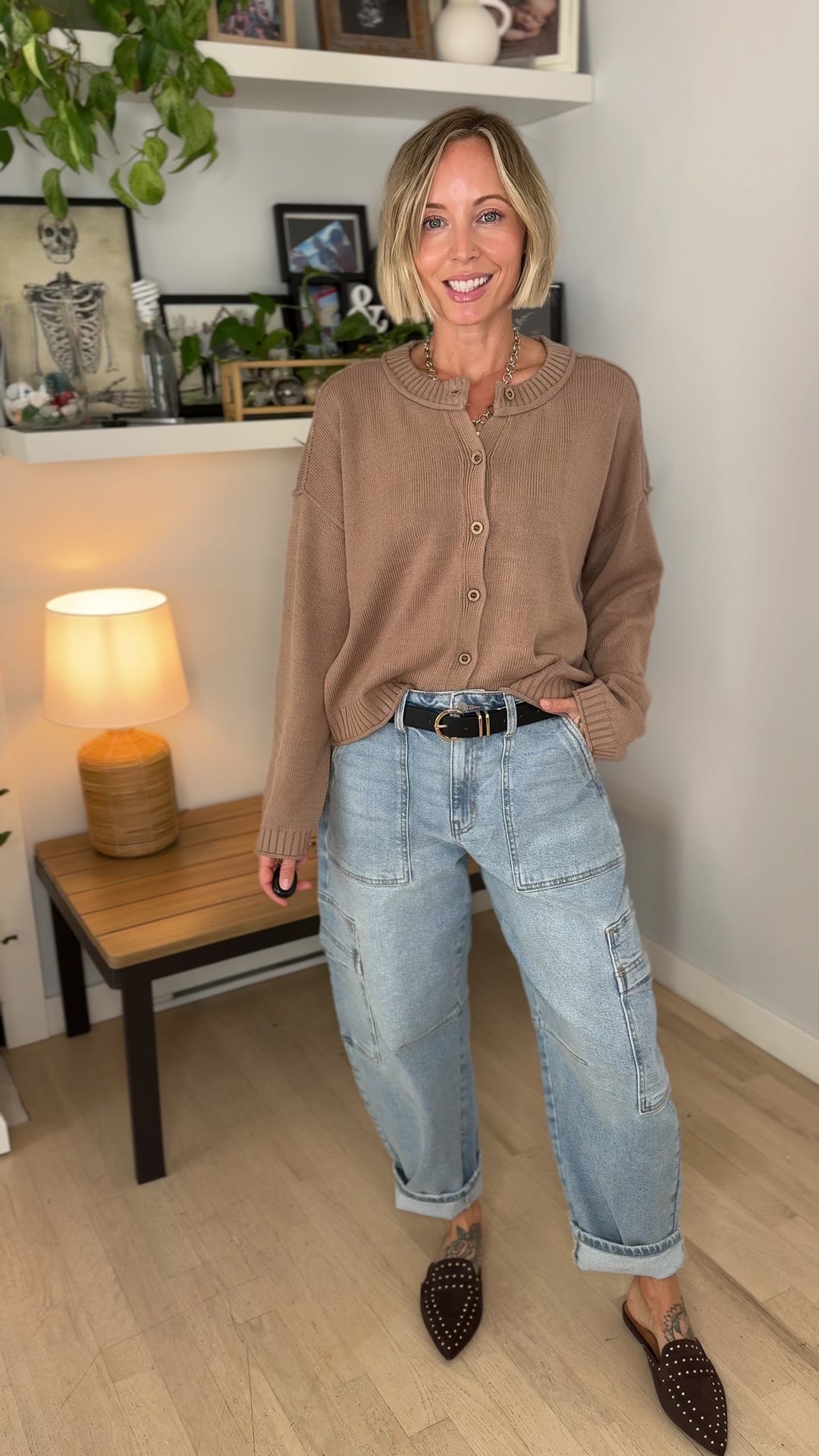 Tristyn Raw Edge Seam Button Down Cardigan- MOCHA