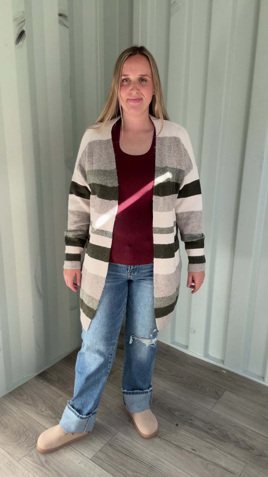Danny Long Stripe Cardigan- OLIVE MULTI
