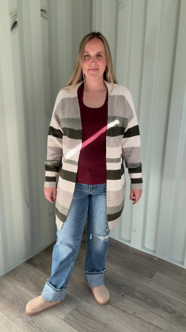 Danny Long Stripe Cardigan- OLIVE MULTI
