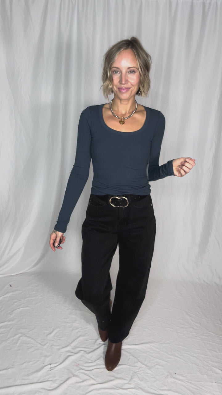 MONO B Linley Scoop Neck Long Sleeve- MIDNIGHT NAVY