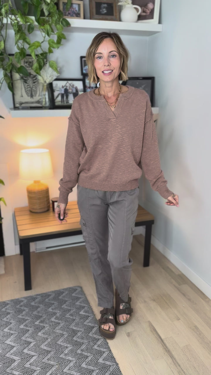 Boardwalk Raw Henley Long Sleeve Sweater- TERRACOTTA