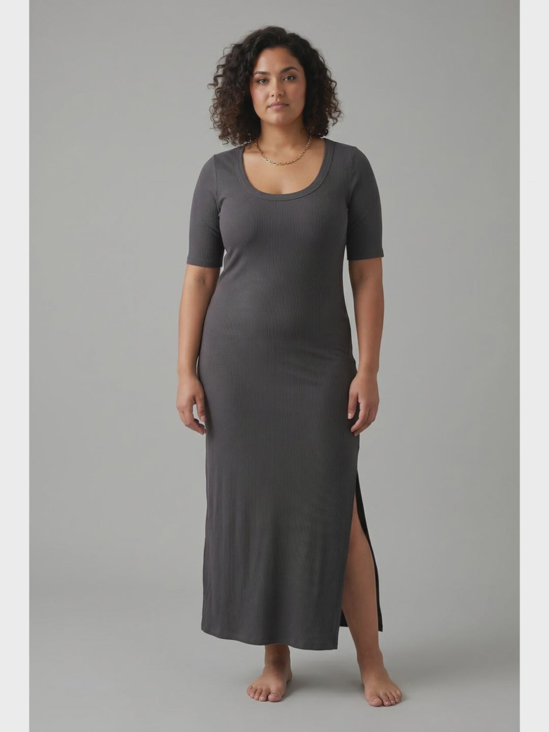 Vitamin Sea Short Sleeve Scoop Neck Midi Dress- DARK CHARCOAL