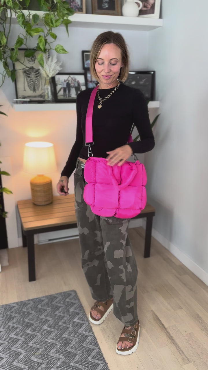 Alora Mini Quilted Puffer Tote- HOT PINK