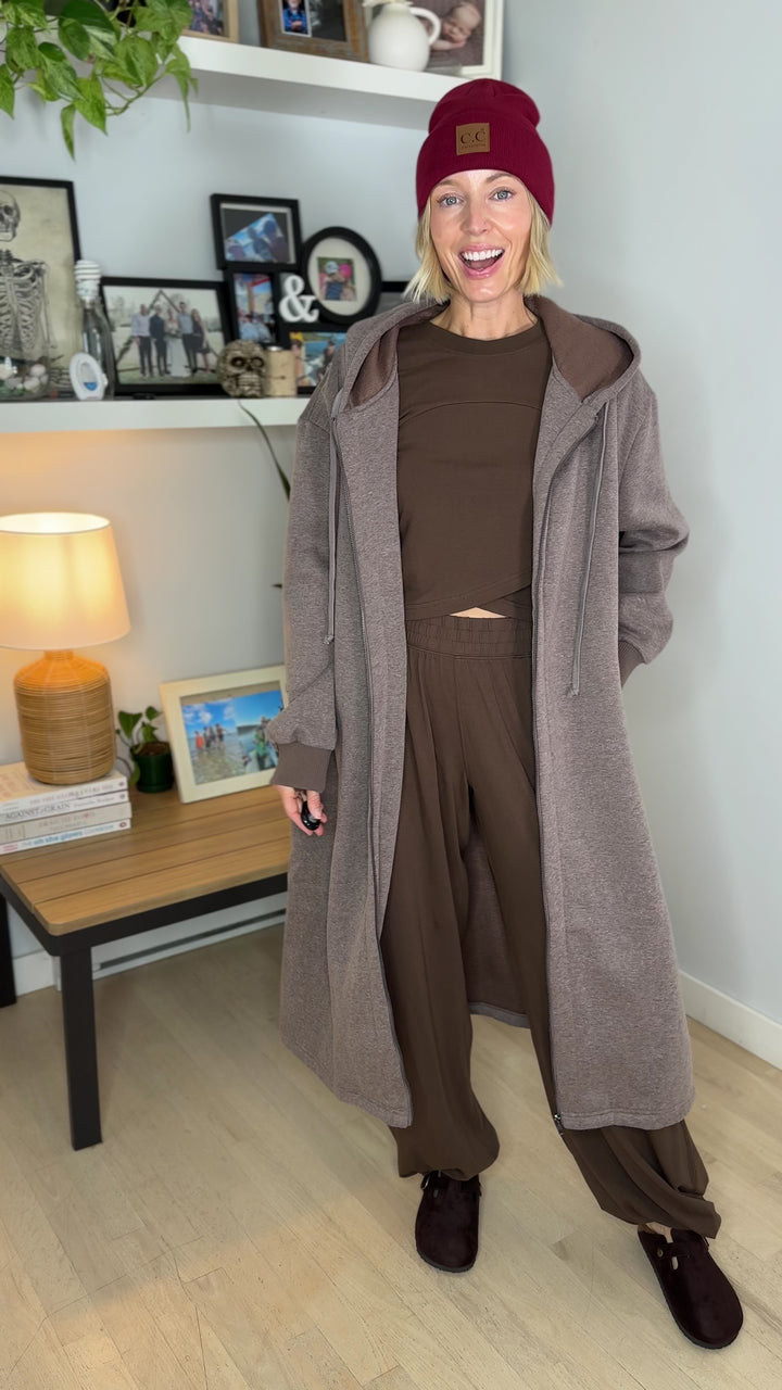 Mavis Hooded Full Zip Coatigan- WALNUT