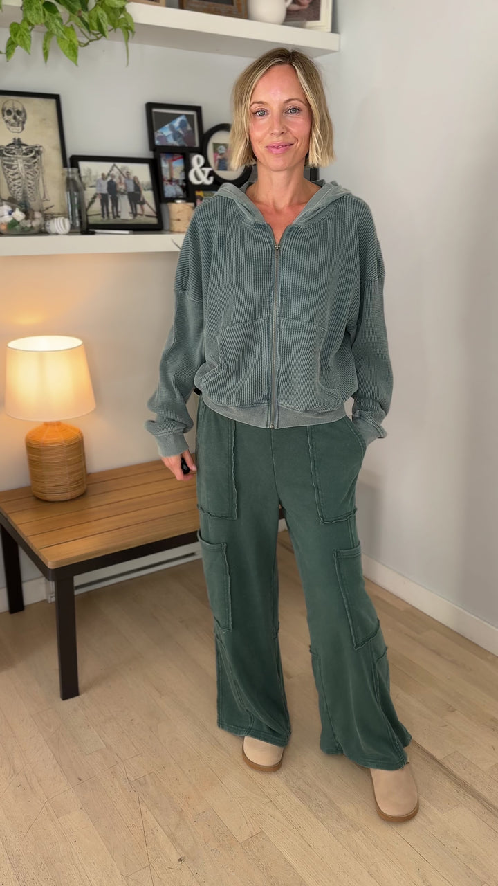 Tatum Washed Waffle Full Zip- DARK TEAL