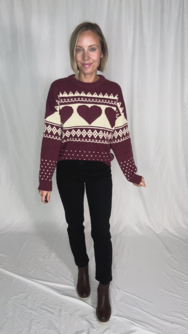 Heart Song Crew Neck Sweater- BURGUNDY/CREAM