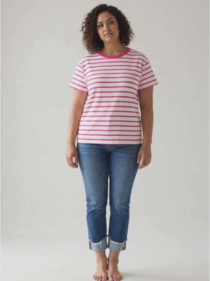 Marlene Striped Cotton T-Shirt- HOT PINK-FINAL SALE