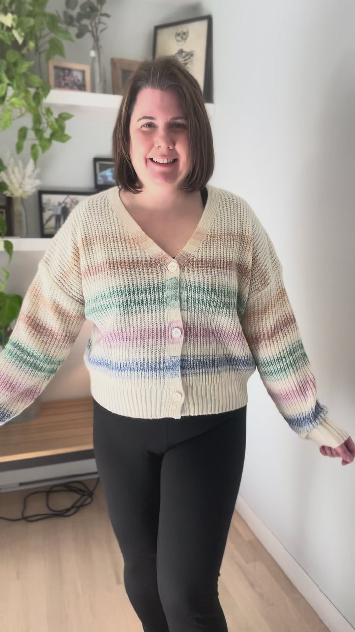 Hadley Multi Stripe Button Down Cardigan- CREAM MULTI