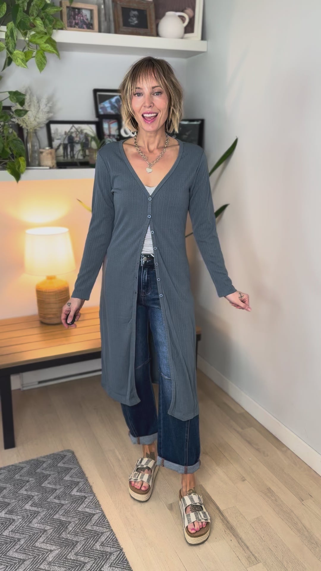 Tina Ribbed Button Cardigan- STEEL BLUE