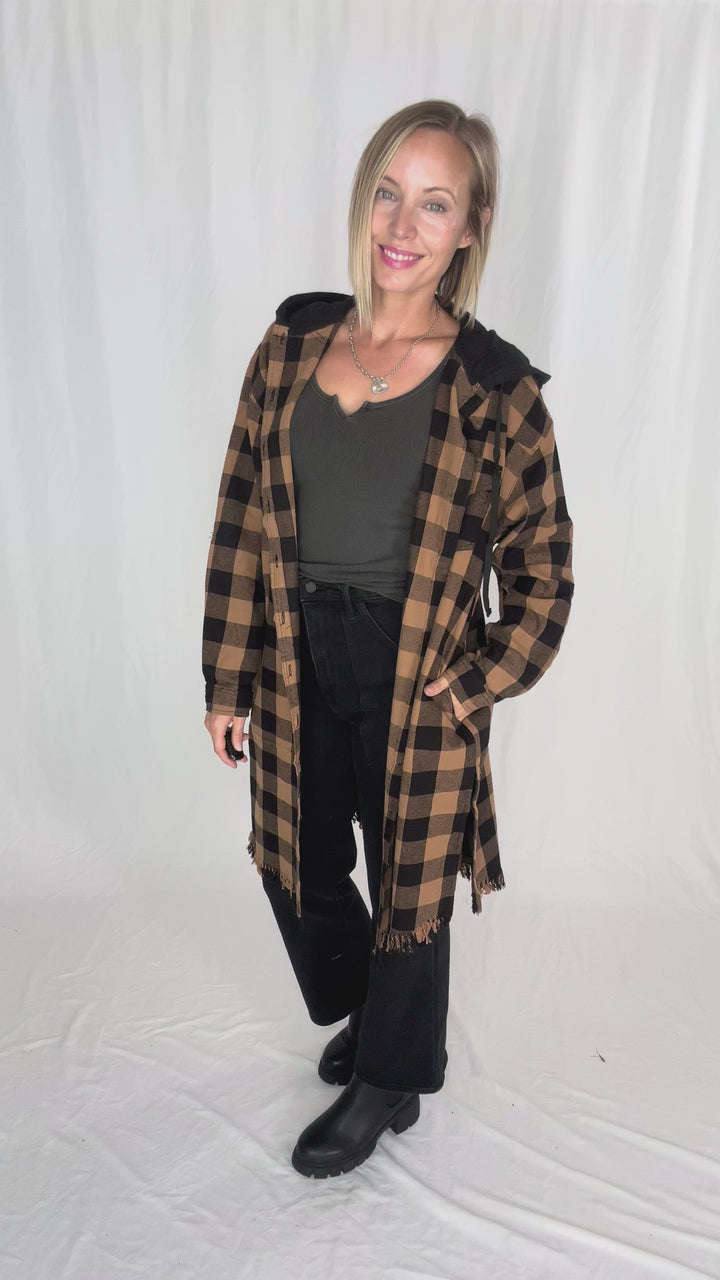 Falling Leaves Plaid Hoodie Jacket- CAMEL SAND