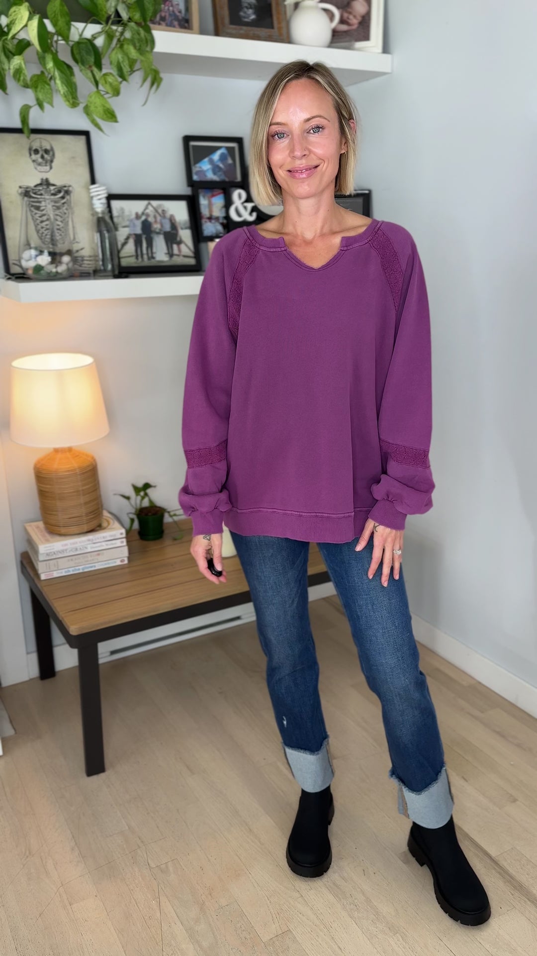Irini Lace Accent Vintage Washed Pullover- PURPLE