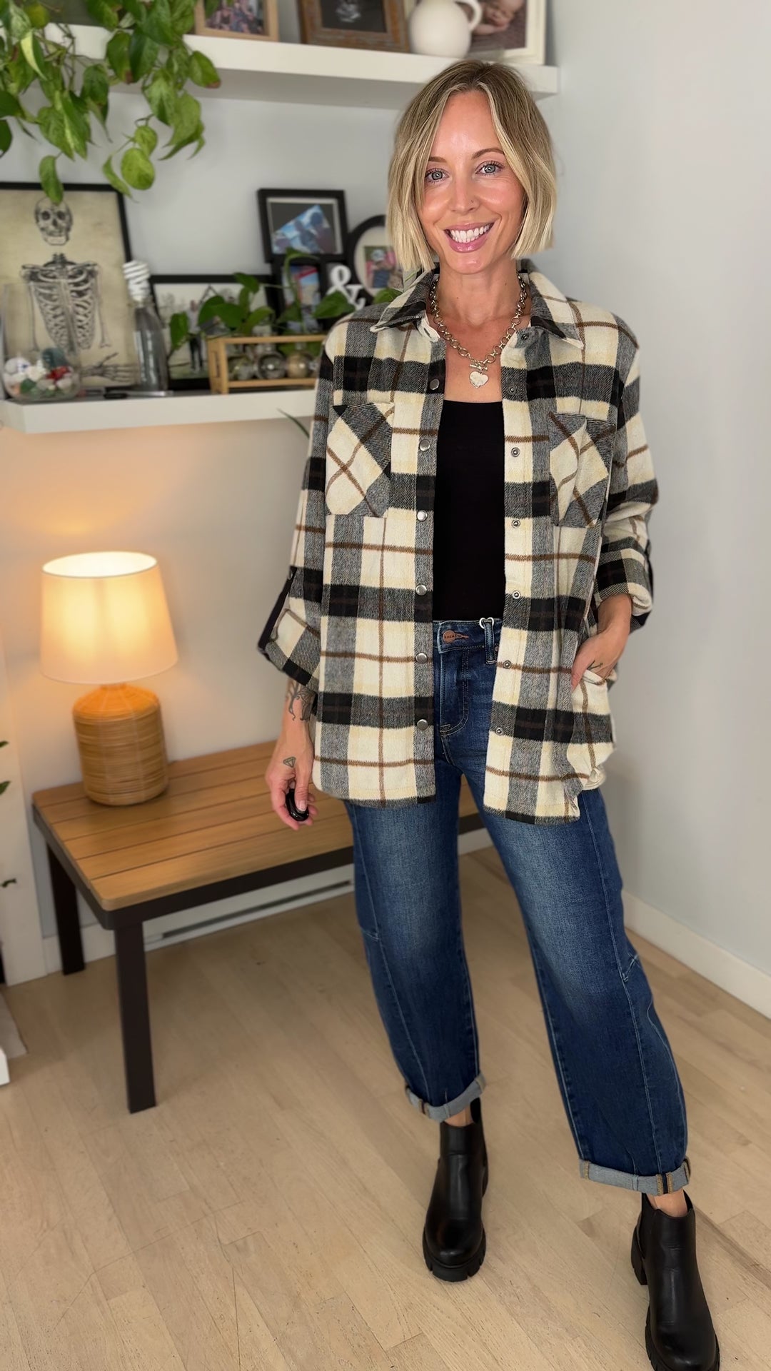 Aldo Brushed Plaid Shacket- IVORY/BLACK
