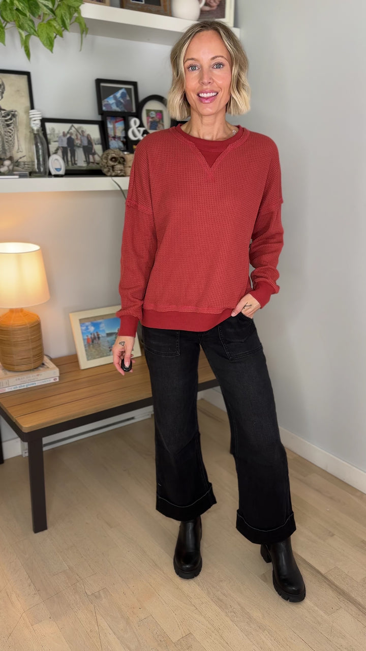 Flurry Raw Edge Long Sleeve Thermal Crew Neck- LIGHT RUST