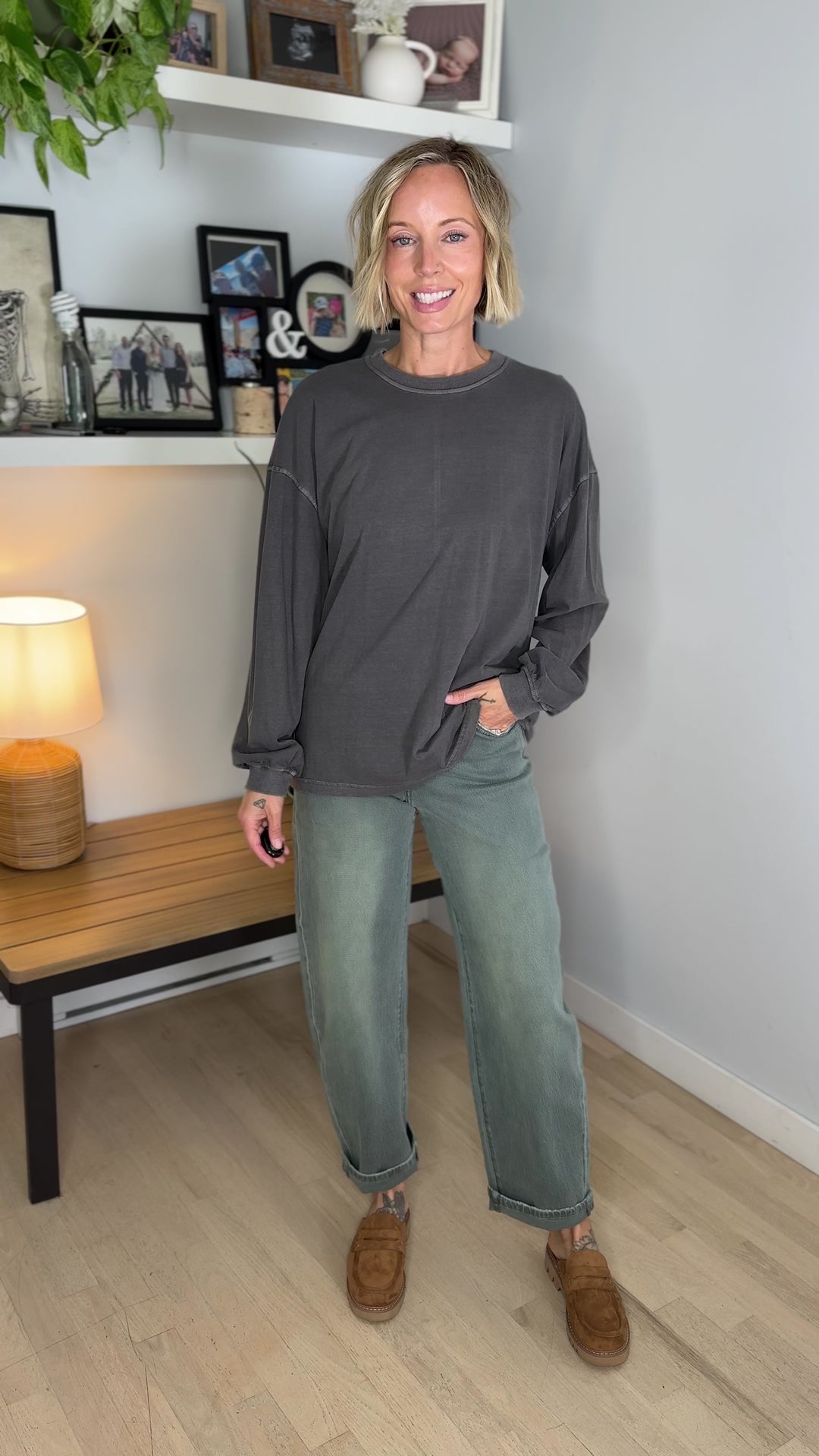 Landyn Washed Cotton Crewneck Long Sleeve- CHARCOAL