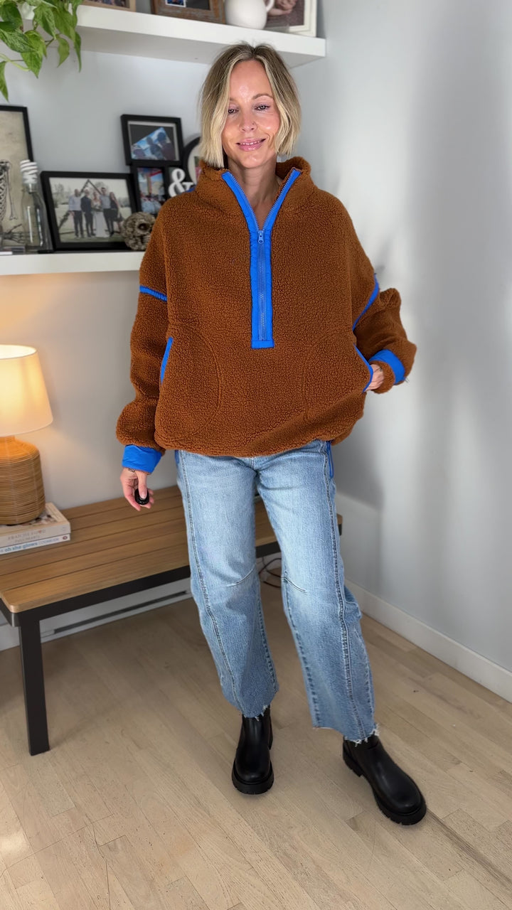 Marlow Fleece 1/2 Zip Pullover- CAMEL/BLUE