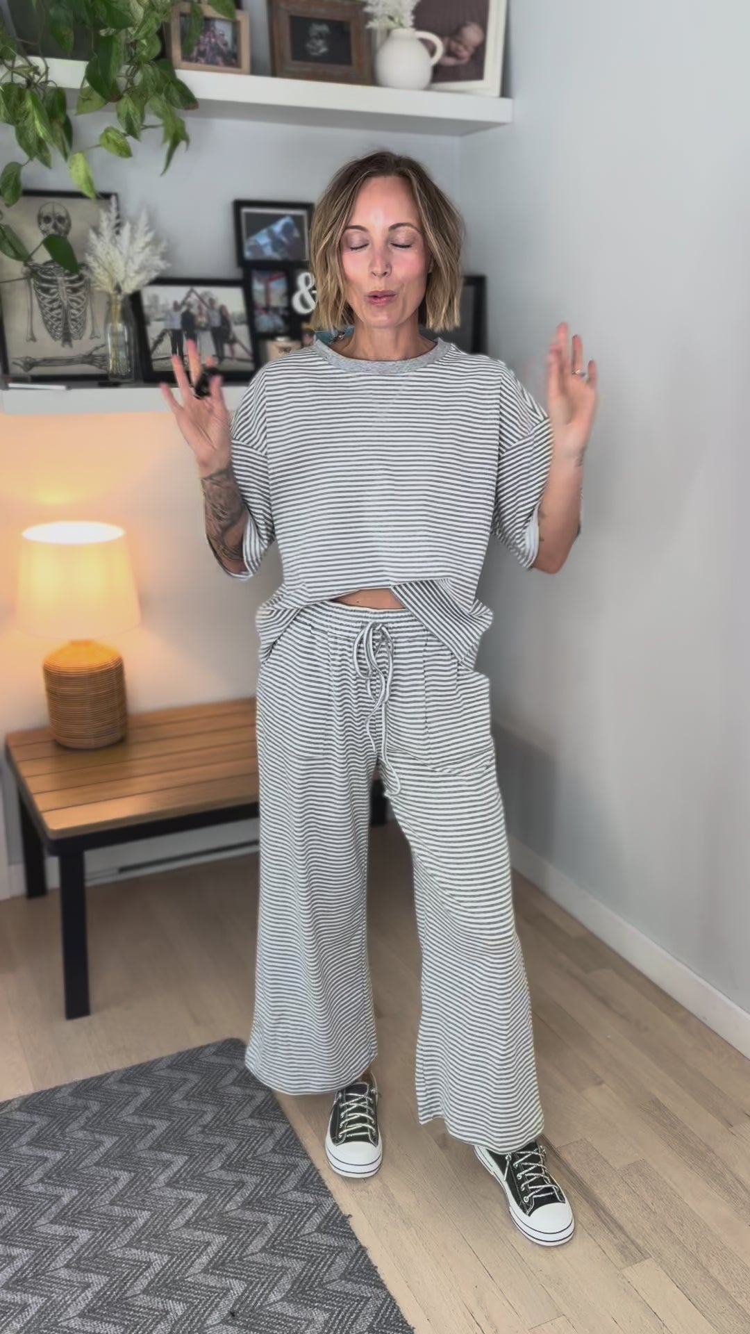 Anahi Striped Stretch Cotton Top and Pants Set- HEATHER GREY/WHITE