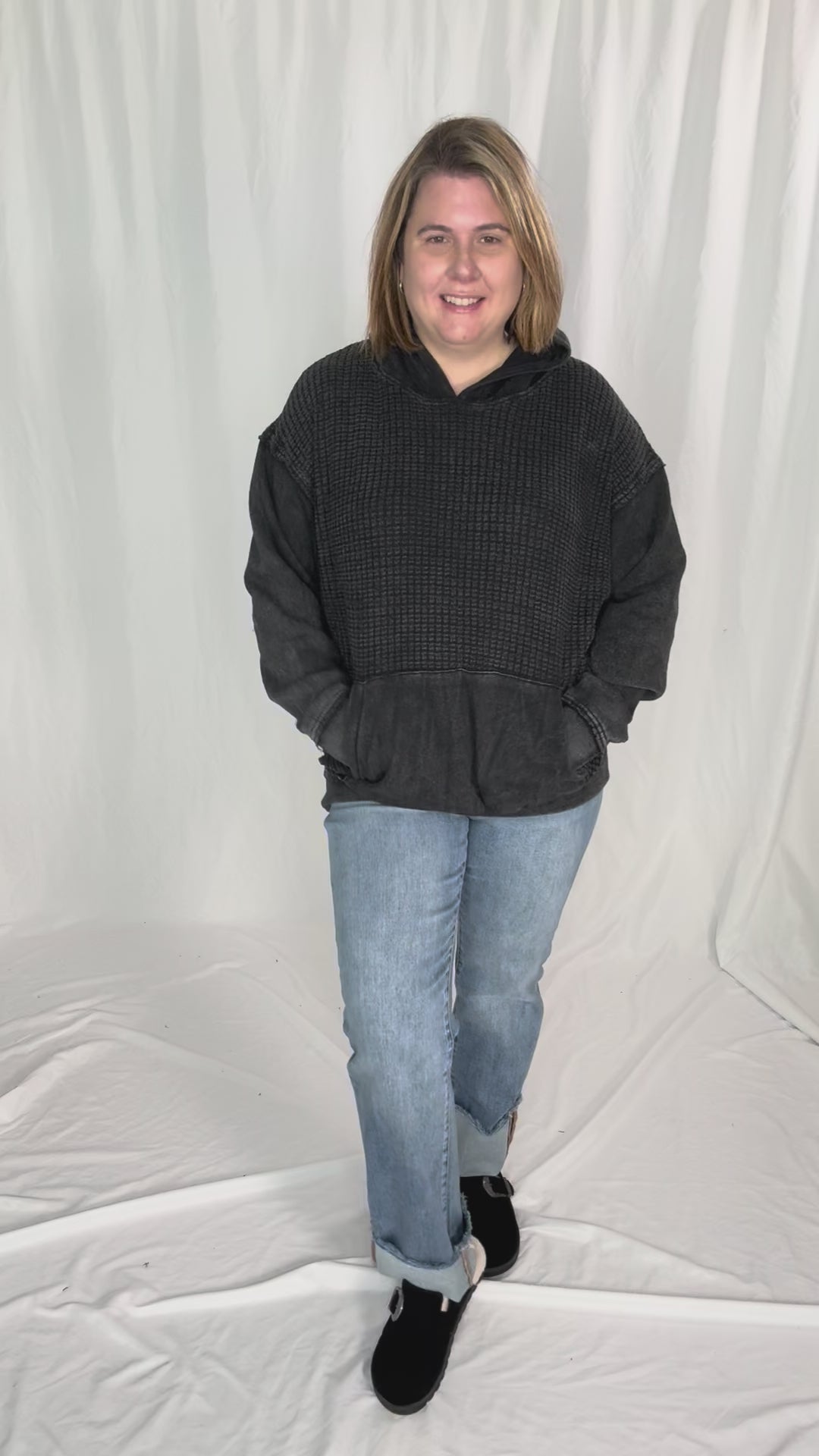 MONO B Chestnut Waffle Hoodie- BLACK